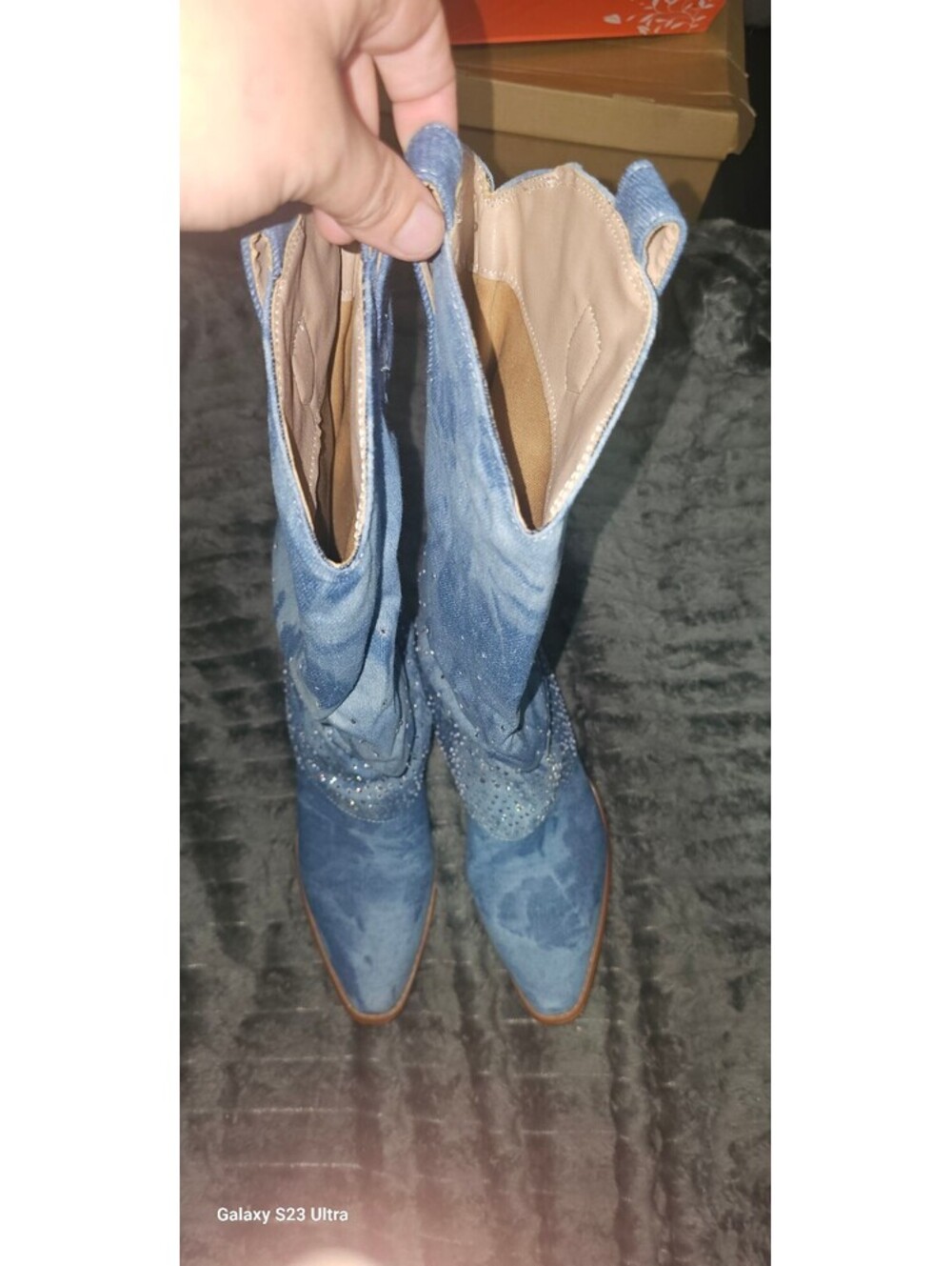 Blue Denim Western Style Mid-Calf Boots with Rhinestone Detailing